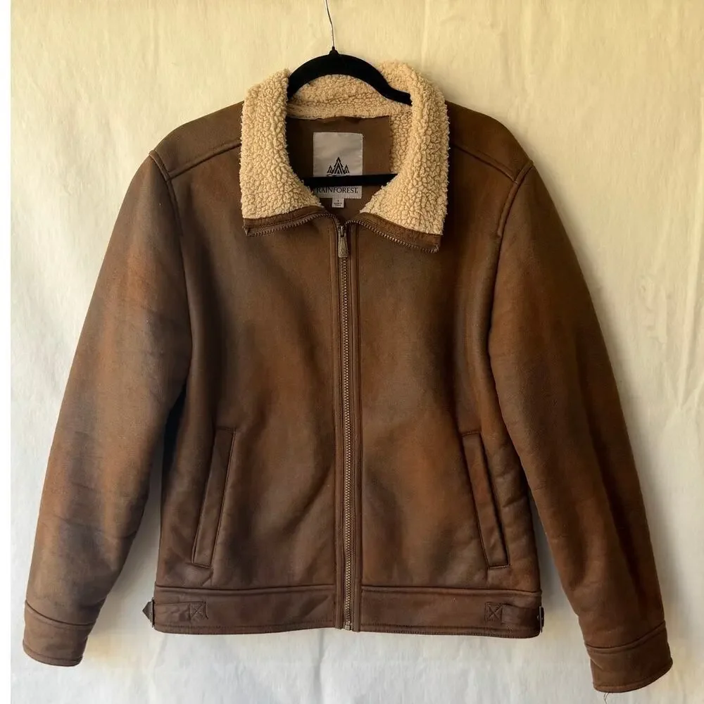 Rainforest Men's Brown Faux Shearling Lined Aviator Flight Jacket Size Small